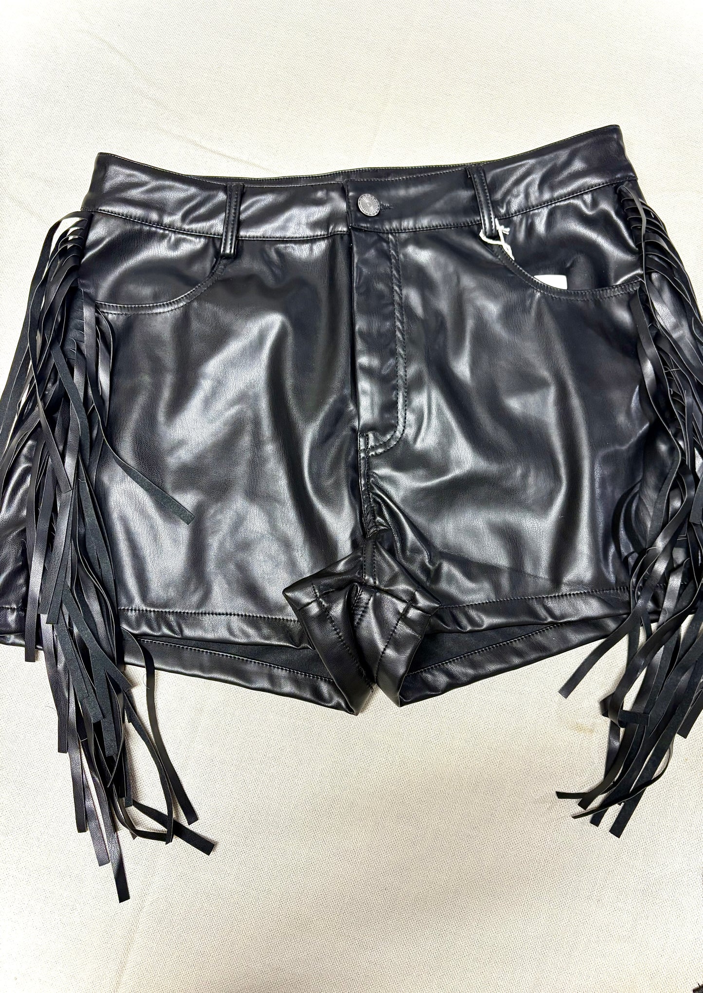 Black Leather Fringe Shorts
