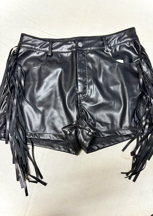 Black Leather Fringe Shorts