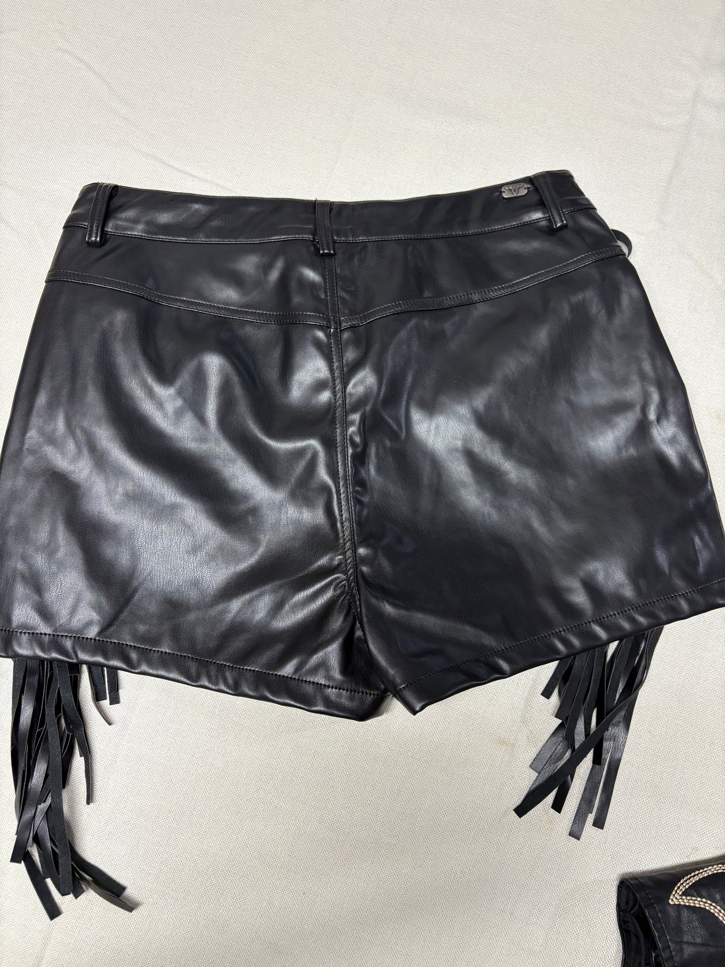 Black Leather Fringe Shorts