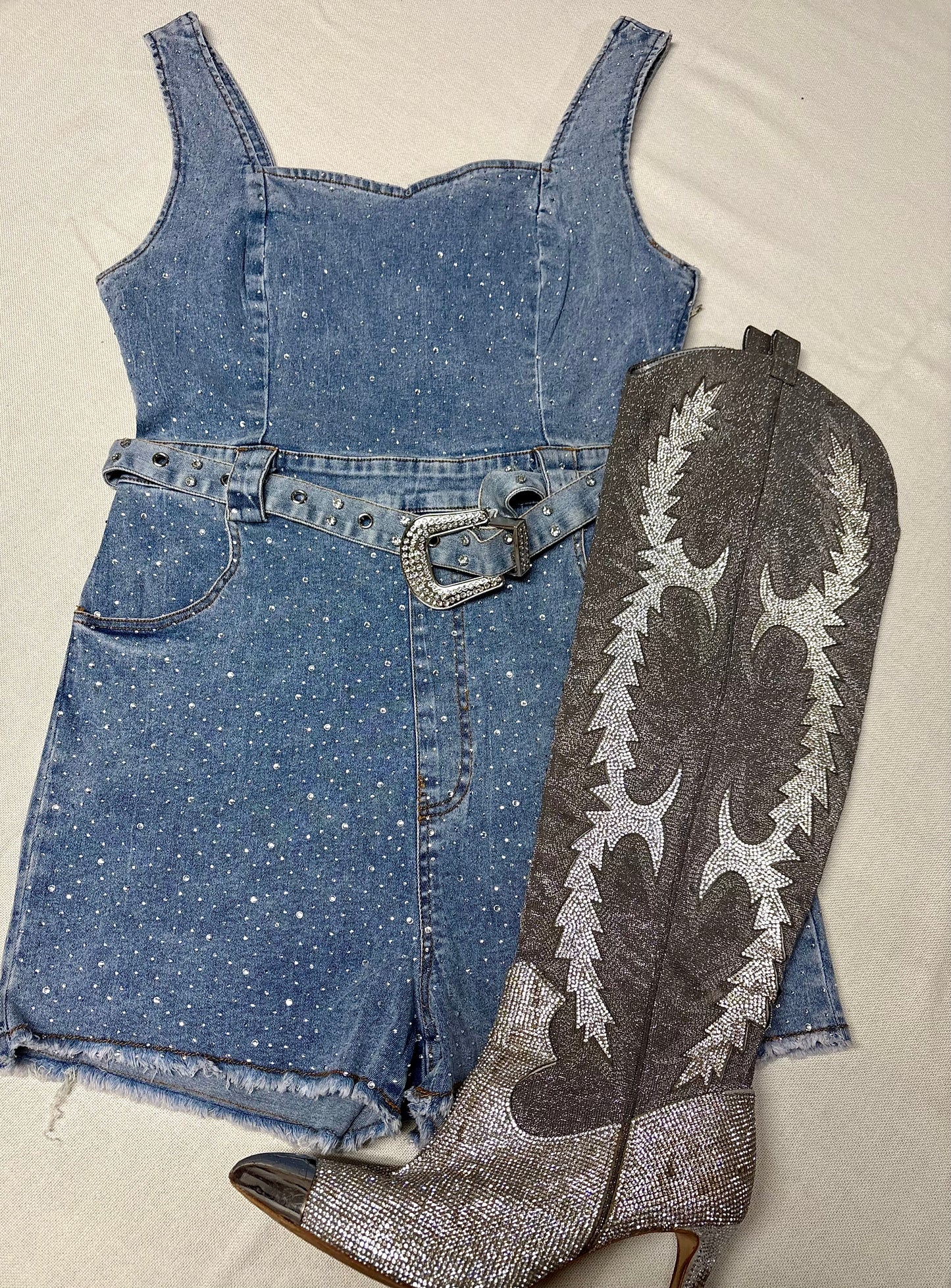 Denim rhinestone romper
