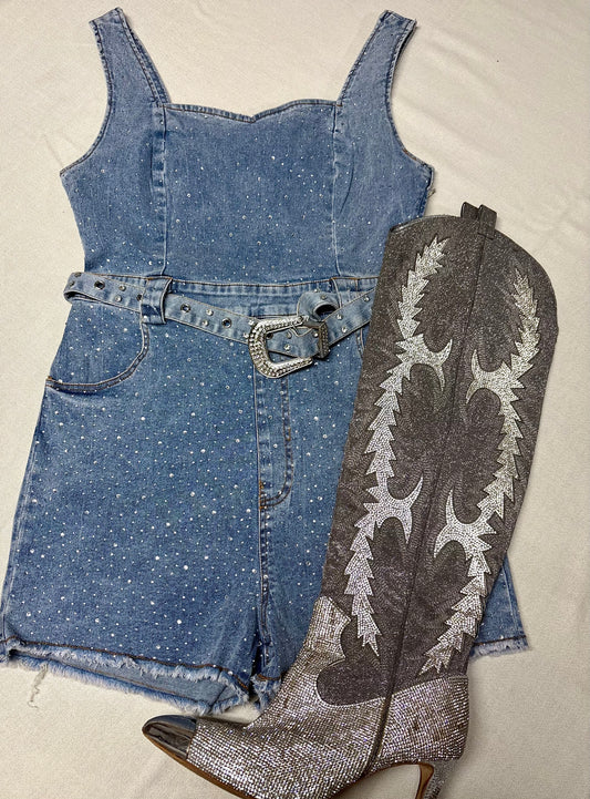 Denim rhinestone romper